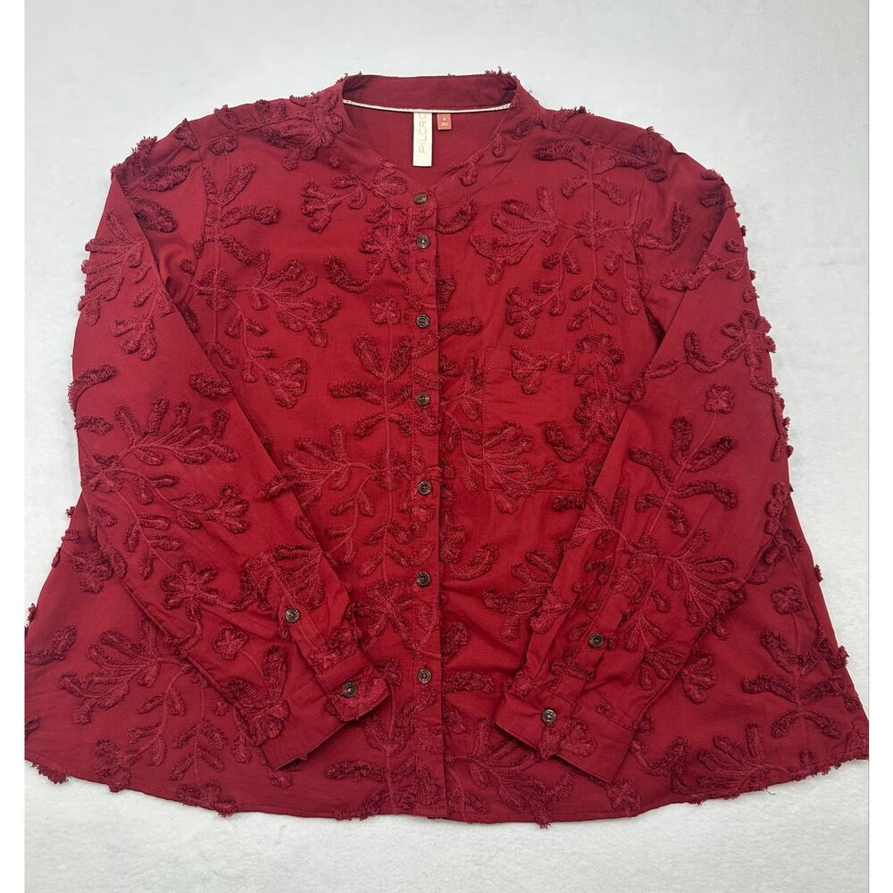Anthropologie Pilcro Whitney Textured Button Blouse Red Floral Appliqué Size M - Picture 4 of 8